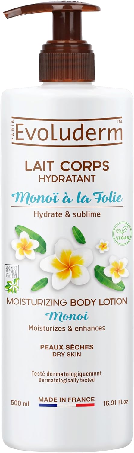 EVOLUDERM - Lait Corps Hydratant Monoï à la Folie - 500 ml - Ingrédients d'Origine Naturelle - Végan - Fabrication Française