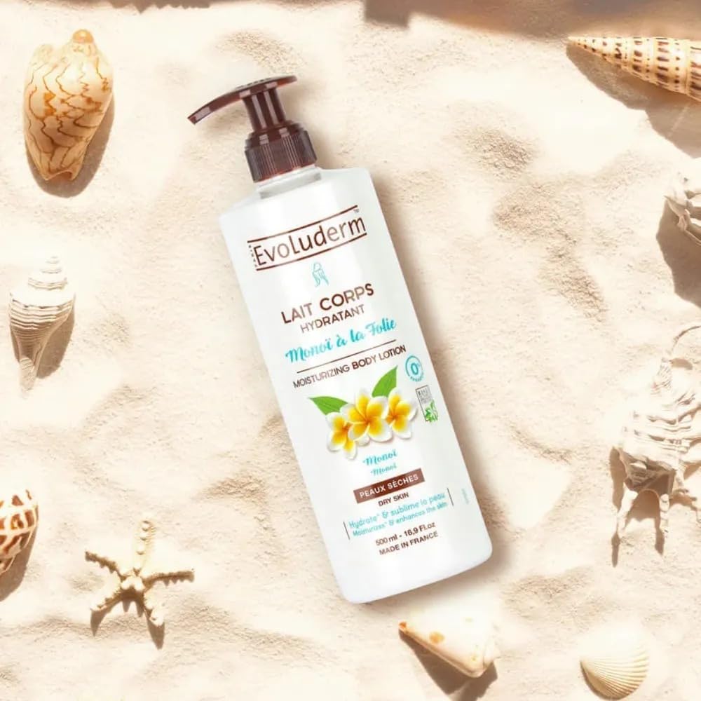 EVOLUDERM - Lait Corps Hydratant Monoï à la Folie - 500 ml - Ingrédients d'Origine Naturelle - Végan - Fabrication Française