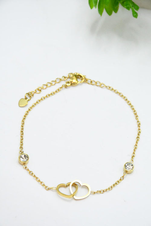 Bracelet Doré Double Coeur Entrelacé et Strass