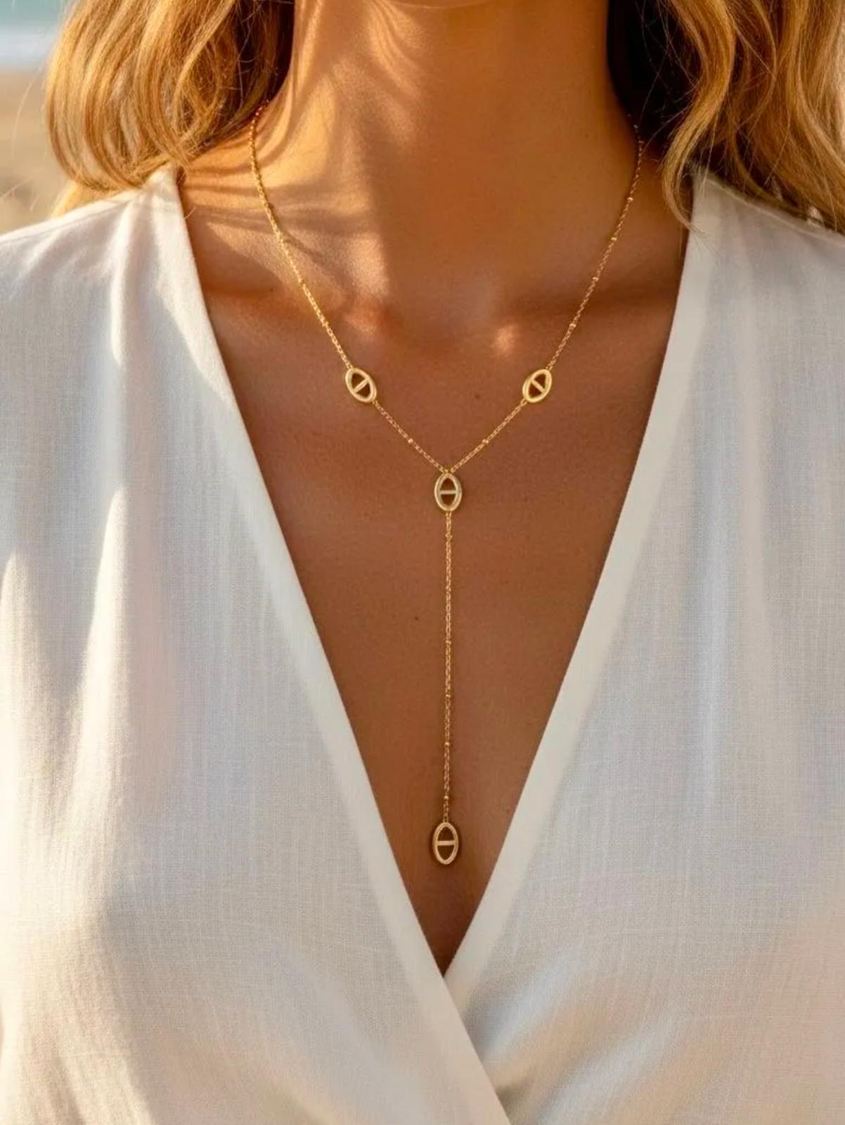 Collier Y doré maillons marins pendentif