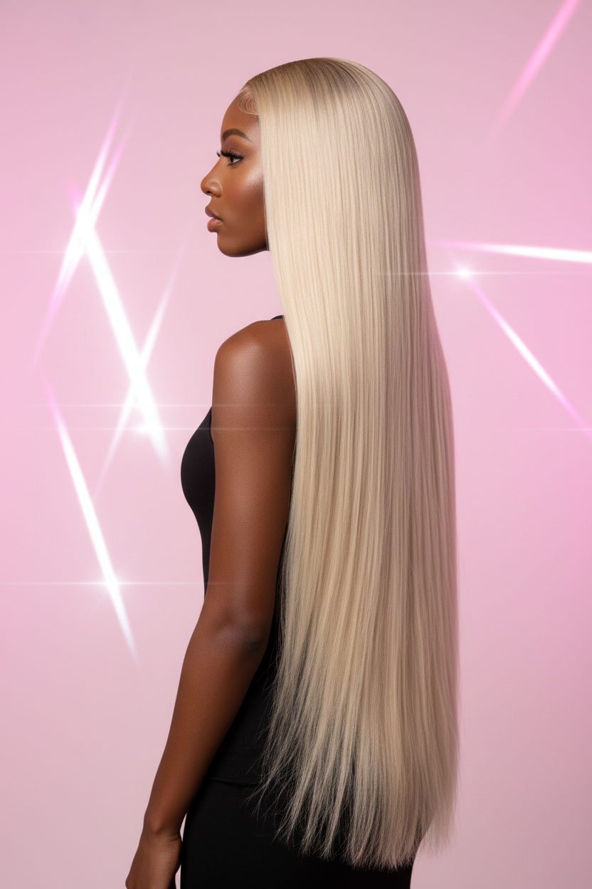 Profil montrant la longueur - Perruque blonde 32 pouces